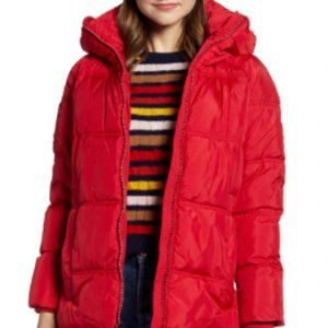 Kenneth Cole New York Women's Puffer Jacket with Funnel Neck and Hood - Red XL